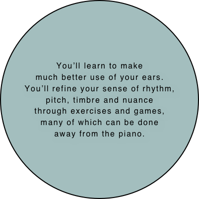 




You’ll learn to make
much better use of your ears.
You’ll refine your sense of rhythm,
pitch, timbre and nuance
through exercises and games,
many of which can be done
away from the piano.